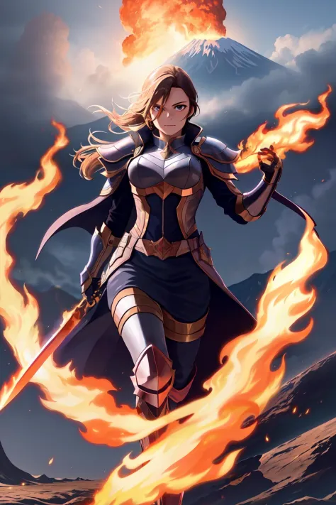 <lora:firevfx:0.5> masterpiece, best quality, 1girl, holding a flaming sword with both hands, her eyes glowing with intensity. s...