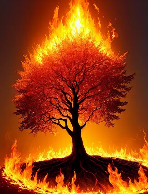 <lora:firevfx:0.4> masterpiece, a single tree on fire in a magical forest, many other trees in background