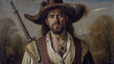 painting of a man in a hat with a sword and a sword