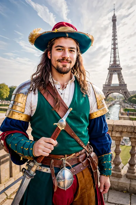 arafed man in a pirate costume standing in front of the eiffel tower