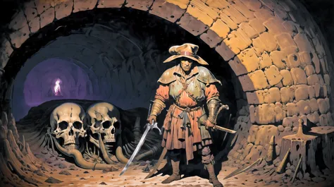 there is a man standing in a tunnel with a sword