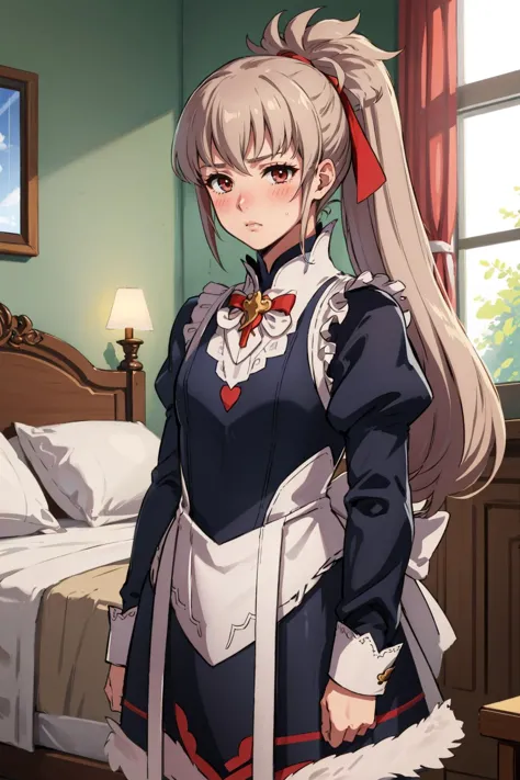 masterpiece, best quality,  defTakumi, ponytail, long hair fates maid, 1boy, bedroom, blush, furrowed brow, crossdressing,