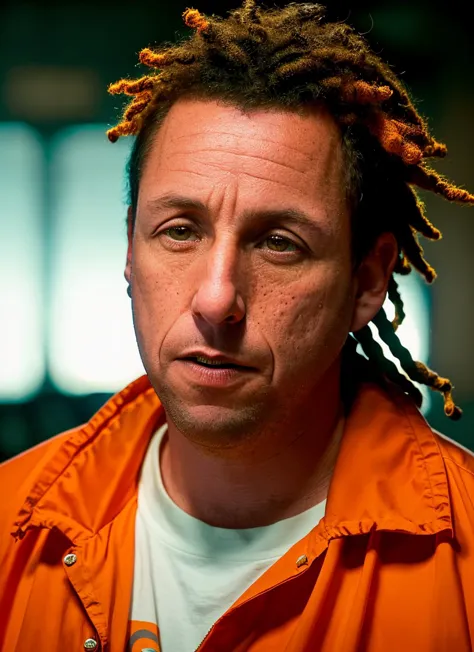 arafed man with dreadlocks and orange jacket looking at camera