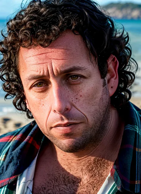 arafed man with curly hair and a plaid shirt on a beach