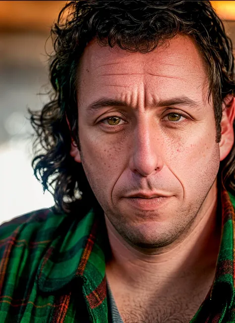 closeup portrait of sksman, :d , wearing flannel shirt , with clean-shaven titian Wavy hair , background colosseum epic (photo, studio lighting, hard light, sony a7, 50 mm, matte skin, pores, colors, hyperdetailed, hyperrealistic), <lyco:Adam Sandler:1.2>