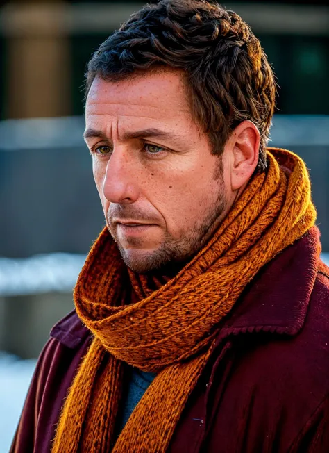 arafed man in a red coat and scarf looking at something