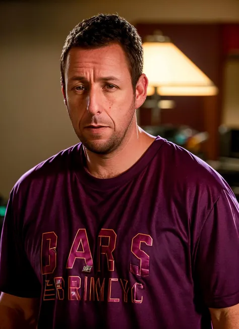 arafed man in a purple shirt standing in a room