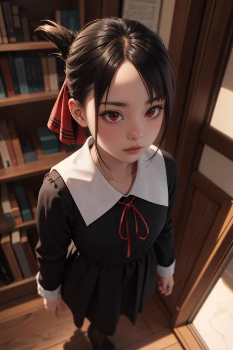 anime - style girl with black hair and red eyes in a library