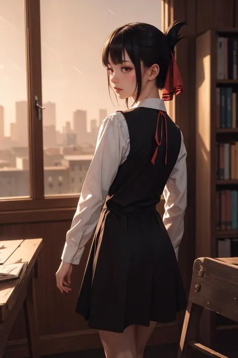 anime girl in school uniform looking out a window at the city