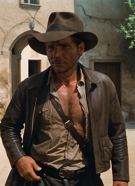 arafed man in a cowboy hat and leather jacket standing in front of a building