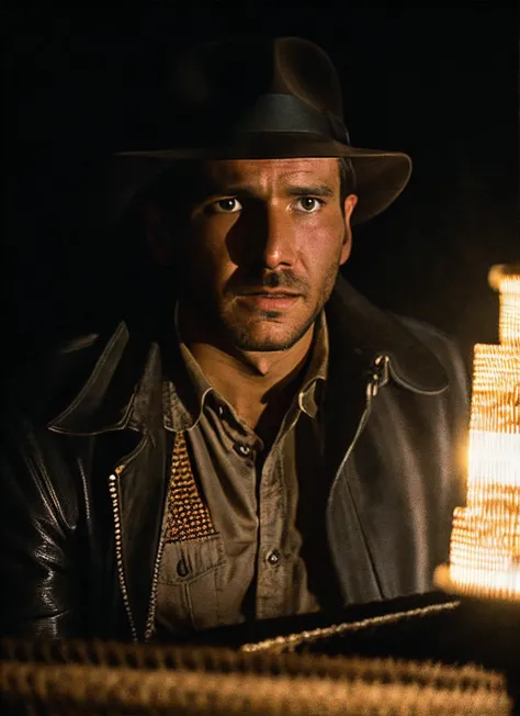 arafed man in a hat and leather jacket holding a lamp