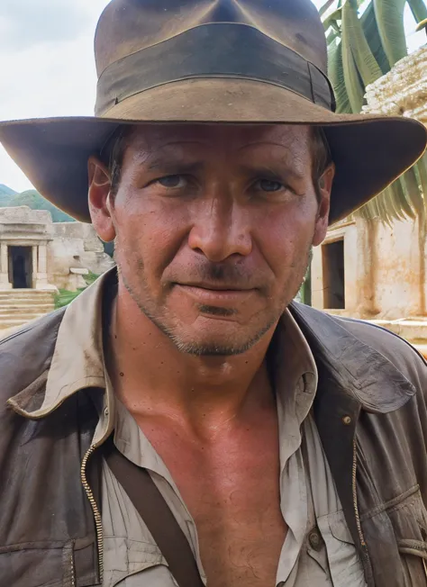 arafed man in a hat and shirt standing in front of a building