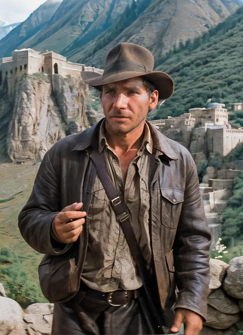 arafed man in a hat and leather jacket standing in front of a mountain