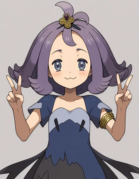 score_9, source_anime, rating_safe BREAK 1girl
<lora:ponyxl_character-acerola:1.2>, 
acerola \(pokemon\), purple hair, hairpin, hair ornament, :3,
dress, torn dress, blue dress, grey dress, multicolored clothes, stitches,short sleeves,  ribbons,
(armlet:0.8), 
smile, double v, blush,
<lora:sdxl_lightning_2step_lora:1>