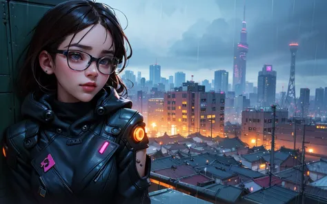 cyber girl in a black leather jacket and glasses standing on a rooftop