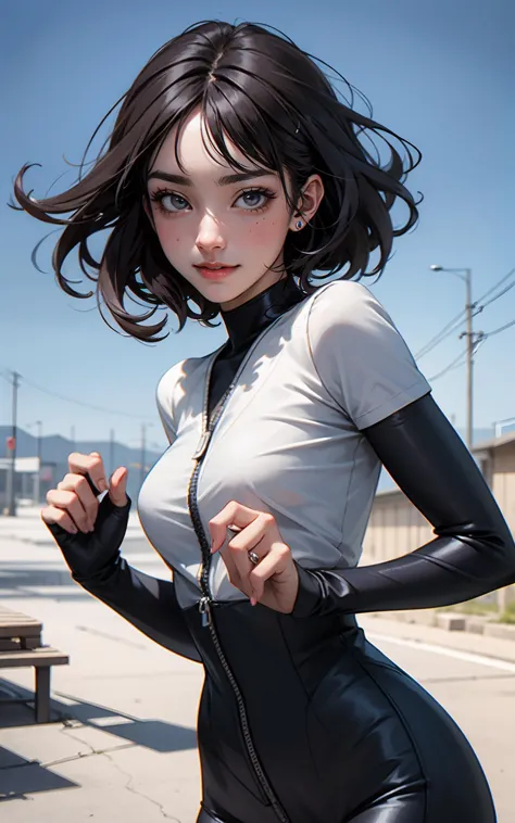 anime girl in a wetsuit posing for a picture on the street