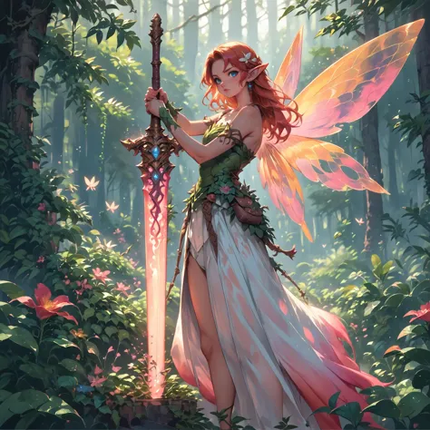 score_9, score_8_up, score_8, score_9, photo, RAW, (beautiful fairy, colorful magical wings, holding glowing sword:1.2), blue eyes, magical forest in background,  concept art, digital art, realistic, hkstyle
<lora:Pony_Fantasy_Knights_-_By_HailoKnight:0.6>
<lora:epic_anime_scenery_v0_1:0.4>
<lora:V2_Pony_Fantasy_Knights_-_By_HailoKnight:0.5>