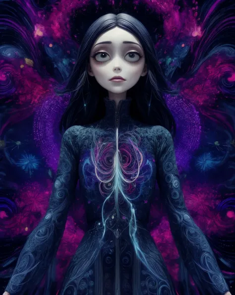 foco nitído, Altamente detalhado, obra de arte, Intrincado, Mulher bonita, manga comprida, vestido aline, (Fractal), psicodélico, conceito abstrato, Respingo  