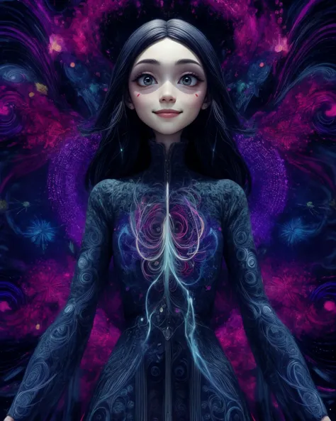 foco nitído, Altamente detalhado, obra de arte, Intrincado, Mulher bonita, manga comprida, vestido aline, (Fractal), psicodélico, conceito abstrato, Respingo  