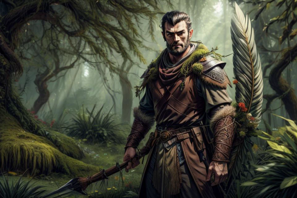 (best quality, masterpiece:1.2), strong shadows, PhilipCipher, BREAK
portrait, looking at viewer, solo, half shot, detailed background, detailed face, (RootsBranchesAI theme:1.1) hunter,   medieval fantasy setting, high fantasy, gray  leather clothes,    pouch, straps,  serene forest, bushes,  ivy, stones,   evergreen trees,  moss, fallen leaves,  flowers, birds, feathers,  arrows in quiver, crossbow, (snow:0.7),