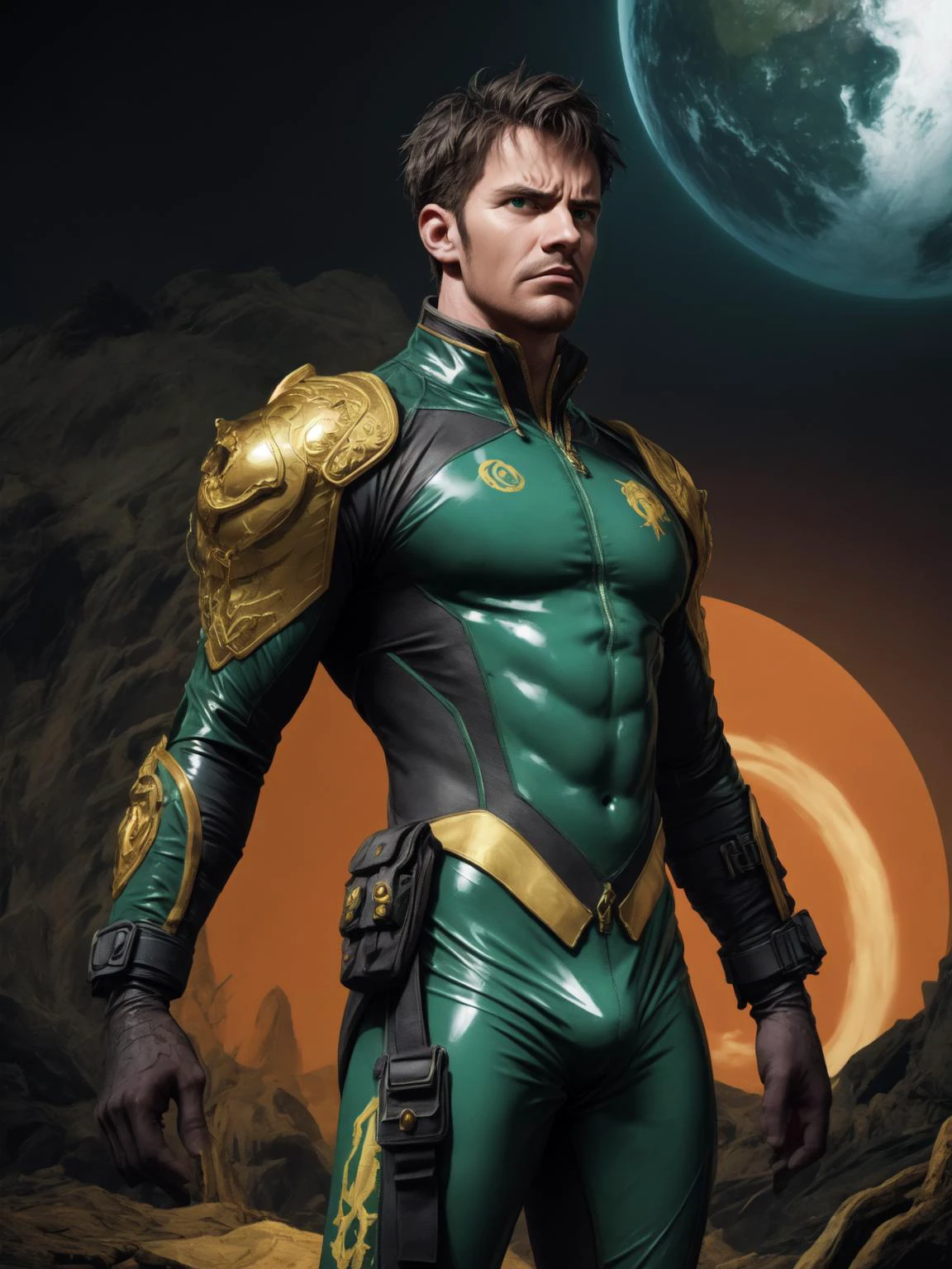 masterpiece, abyss, orange haze, strange planet, one man, lost, concerned expression, wearing damaged green latex suit, gold embroidery, highly detailed, high quality, HDR