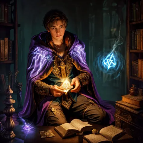 masterpiece, best quality, 1boy, aloof young adult casting a glowing spell, arrogant, (floating magic runes), (rainbow cloak:1.2...