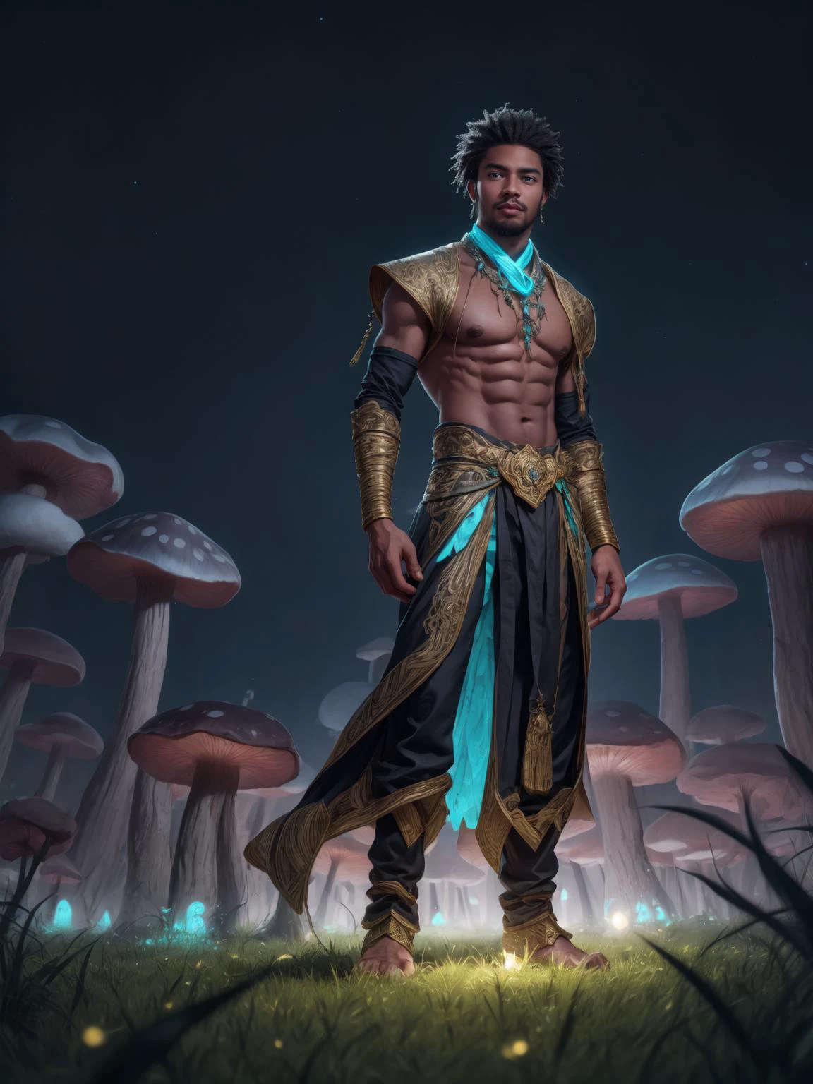 portrait of one man, black skin, African, wearing turquoise fantasy lace outfit, in a field of giant luminous mushrooms, fantasy setting, magical, orange particles, night time, bokeh