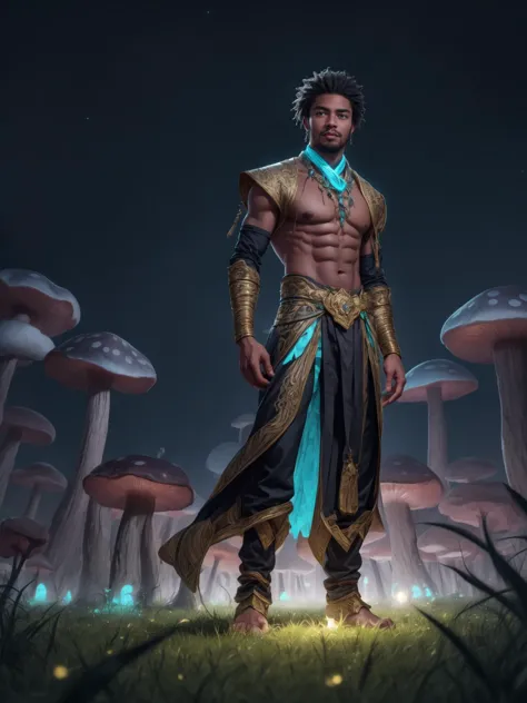 portrait of one man, black skin, African, wearing turquoise fantasy lace outfit, in a field of giant luminous mushrooms, fantasy...