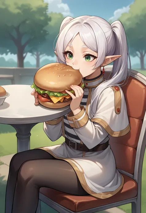 anime girl eating a hamburger while sitting at a table