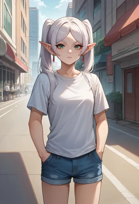 anime girl with white hair and blue shorts standing in the middle of a street