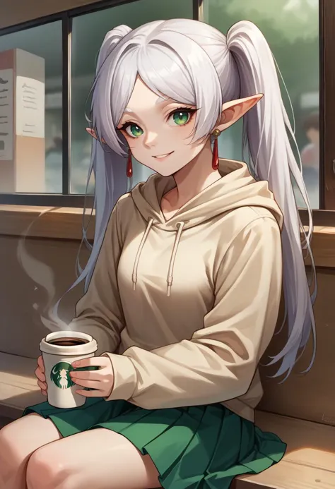 anime girl with long white hair sitting on bench holding a cup of coffee