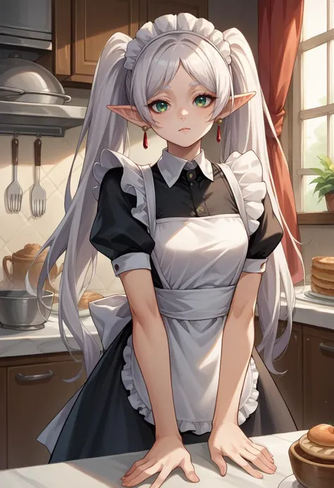 anime girl in maid outfit standing in kitchen with a cupcake