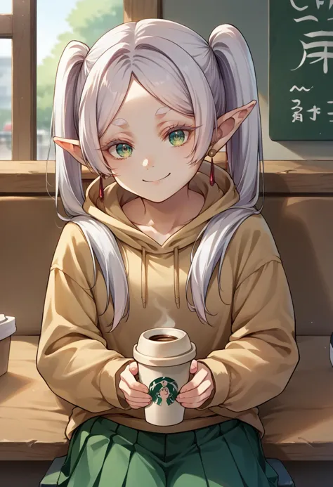 anime girl with white hair sitting on bench holding a cup of coffee