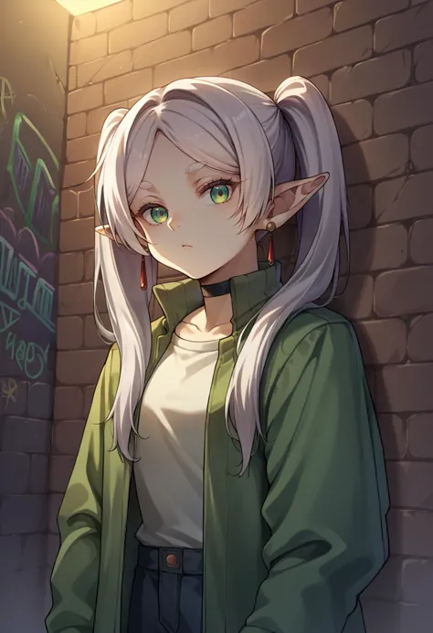 score_9, score_8_up, source_anime, 1girl, solo, Frieren, green eyes, white hair, long hair, twintails, thick eyebrows, earrings, sharp eyes, choker, neon shirt, open jacket, turtleneck sweater, night, against wall, brick wall, graffiti, dim lighting, alley, looking at viewer, <lora:ChamFrierenPonyXLCame-000008:1>