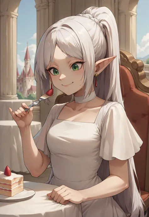 anime girl with long white hair eating cake at a table