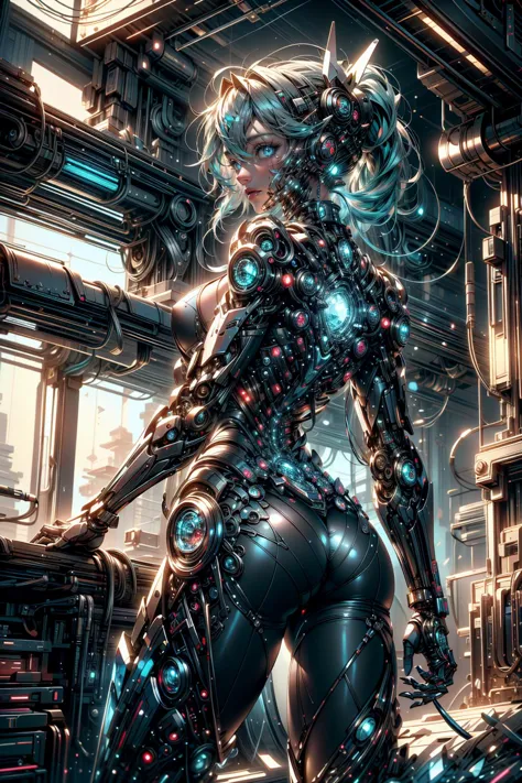 a woman in a futuristic suit standing in a room