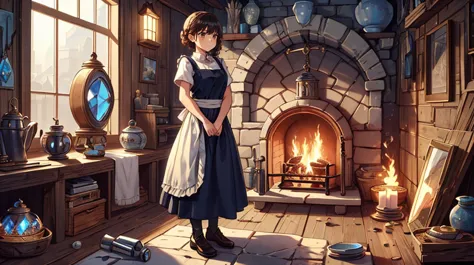 anime girl standing in front of a fireplace in a room