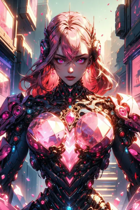 (masterpiece:1.4), (intricate:1.2), (detailed:1.2), (vibrant colors:1.2), BREAK,
(cyberpunk:1.0), (scifi:1.2), (internal reflections:1.0), (rose quartz theme:1.2), BREAK,
(female cyborg:1.1), (head and torso:1.0), (gemtech:1.0),  <lora:GemTech-22:1.0>