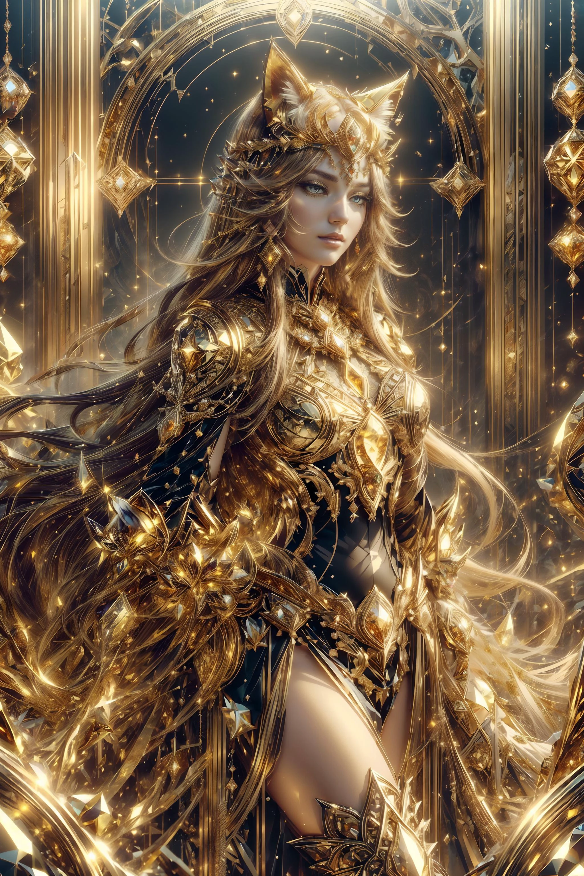 (best quality, very good quality:1.5), picture-perfect, 1 girl, very long hair, cat ears, (empress of boundless wealth wearing distinct and intricate golden armor adorned with various gems and fractal patterns), (distinct throne room of gold), gemstones midasmagic, golden aura, glint,  gemtech, internal reflections, transparent, inner details