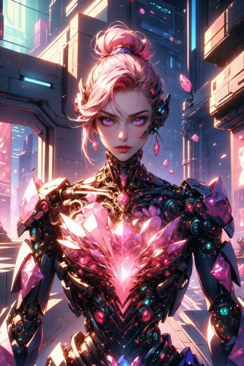 (masterpiece:1.4), (intricate:1.2), (detailed:1.2), (vibrant colors:1.2), BREAK,
(cyberpunk:1.0), (scifi:1.2), (internal reflections:1.0), (rose quartz theme:1.2), BREAK,
(female cyborg:1.1), (head and torso:1.0), (gemtech:1.0),  <lora:GemTech-22:1.0>