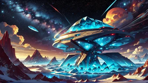 a close up of a spaceship flying over a mountain with a sky background