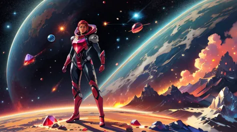 a woman in a space suit standing on a planet with planets in the background