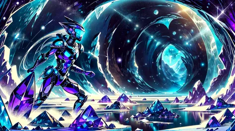 a man in a futuristic suit standing in front of a blue and purple vortex