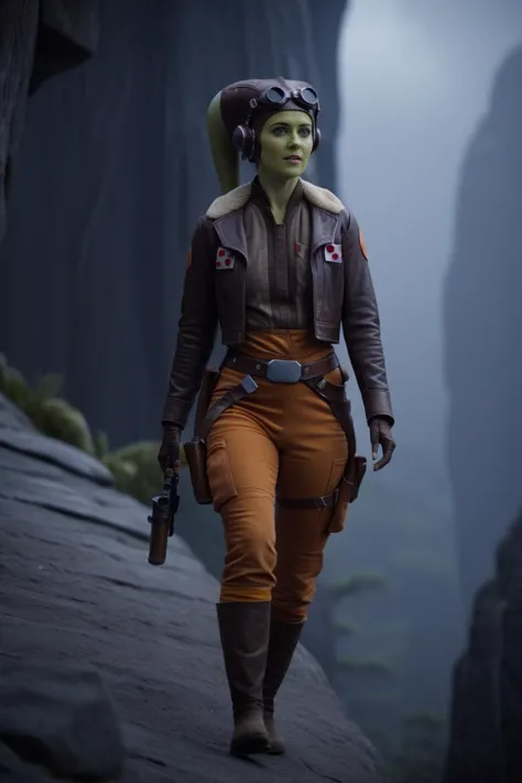 a woman in a star wars outfit walking on a rock