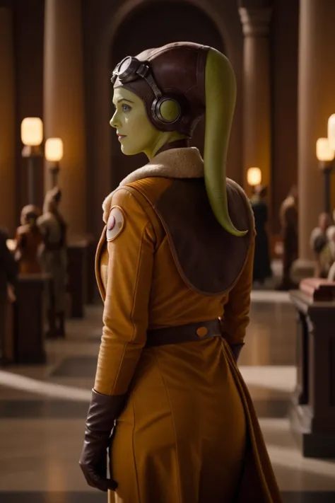 a woman in a star wars costume stands in a hall