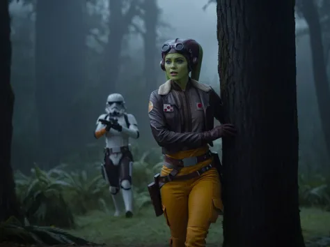 a woman in a star wars costume standing next to a tree