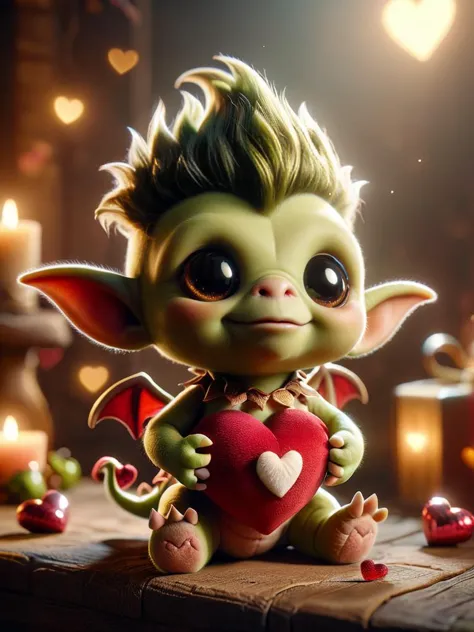 a close up of a small green troll holding a heart