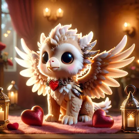 a close up of a small stuffed animal with wings and hearts