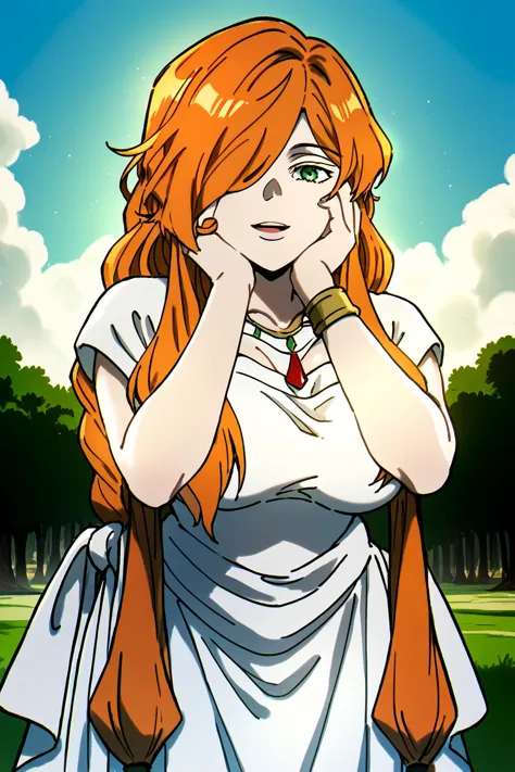 white dress,necklace,ancient greek clothes,short sleeves,long dress <lora:SousouNoFrieren_FlammeXL:0.8> FlammeSSnF,orange hair,l...