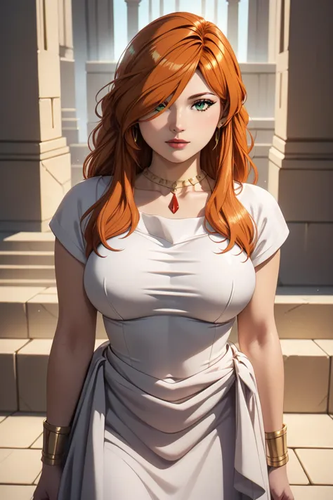 white dress,necklace,ancient greek clothes,short sleeves,long dress <lora:SousouNoFrieren_FlammeXL:0.8> FlammeSSnF,orange hair,l...